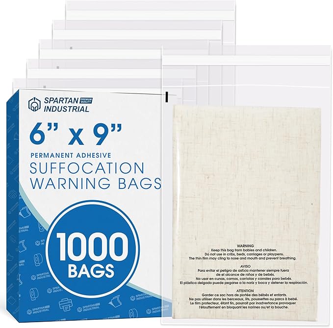 Spartan Industrial - 6" X 9" (1000 Count) Self Seal Clear Poly Bags with Suffocation Warning for Packaging, Shipping - Permanent Adhesive