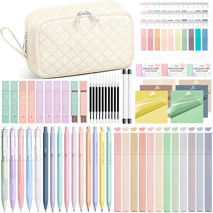 62PCS Aesthetic School Supplies with Cute Pencil Case, Pastel Highlighters Black Ink Gel Pens Mechanical Pencils Kit, Back to School Supplies College Essentials Preppy Stationary Set for Student Girls