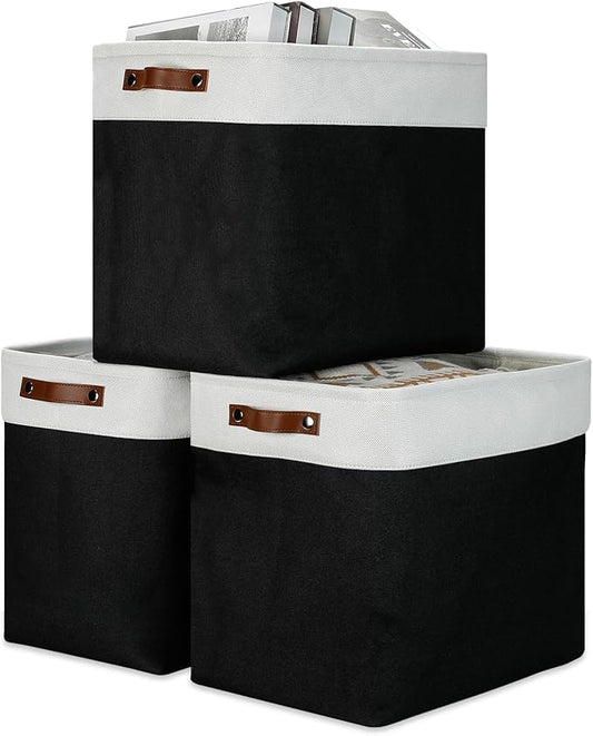 DULLEMELO Fabric Storage Baskets 3 Pack - 17x12x15 inch Large Foldable Fabric Organizer for Storage Decorative Storage Bins for Home,Closet(White&Black)