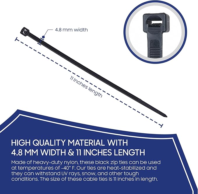 TarpsNow Cable Zip Ties, 120 LB Tensil Strength, (11 Inches, 100 Piece) - Self-Locking Adjustable Nylon Cable Ties Wraps for Home, Office, Garage and Workshop in Indoor and Outdoor - Black