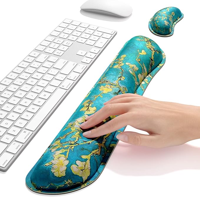 Dapesuom Enlarge Keyboard Wrist Rest, Memory Foam Wrist Cushion for Desk Mats Support, Cute Pain Relief Keyboard Mouse Pad Rests Set with Non-Slip Base for Gaming Laptop Office Computer, Blue Flower