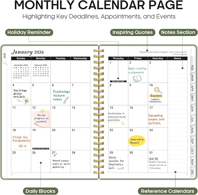 2026 Planner, Weekly and Monthly Calender Planner, Jan 2026 to Dec 2026, Hardcover 2026 Calendar Planner Book with Tabs & Inner Pocket, Office Home School Supplies for Women & Men - A5 (6.3" x 8.5"), Green