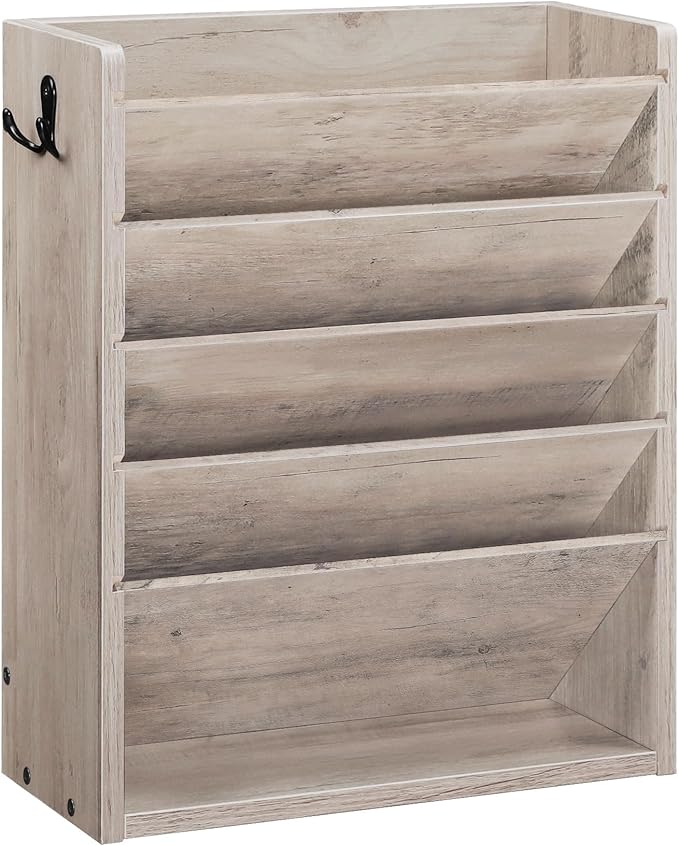 Wall File Organizer, 6-Tier Vertical Mount Hanging Holder with 2 Side Hooks, Modern Wooden Magazine Storage Holder with Bottom Tray, Desk Organizer, for Office, Home, Greige MWJ01FH