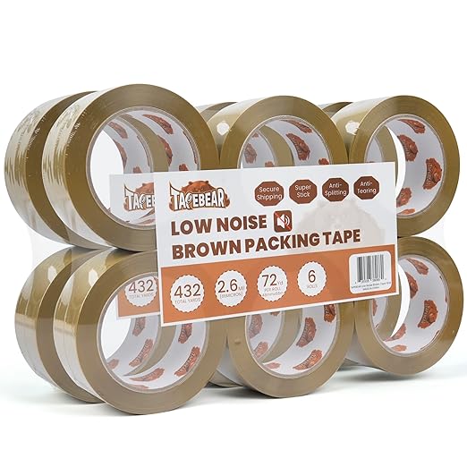 TAPEBEAR Low Noise Brown Packing Tape 72 Yards Extra Length, 1.88Inch-Wide Packaging Tape Refills, Secure Sticky Brown Tape 2.6Mil Heavy Duty for Moving, Shipping, Sealing, 12Rolls Total 864Yards