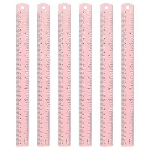 HARFINGTON 6pcs Metal Straight Ruler 30cm Metric SAE Aluminum Alloy Measuring Rulers Scale Tool with Hole for Measure Study Reading Classroom Office, Pink