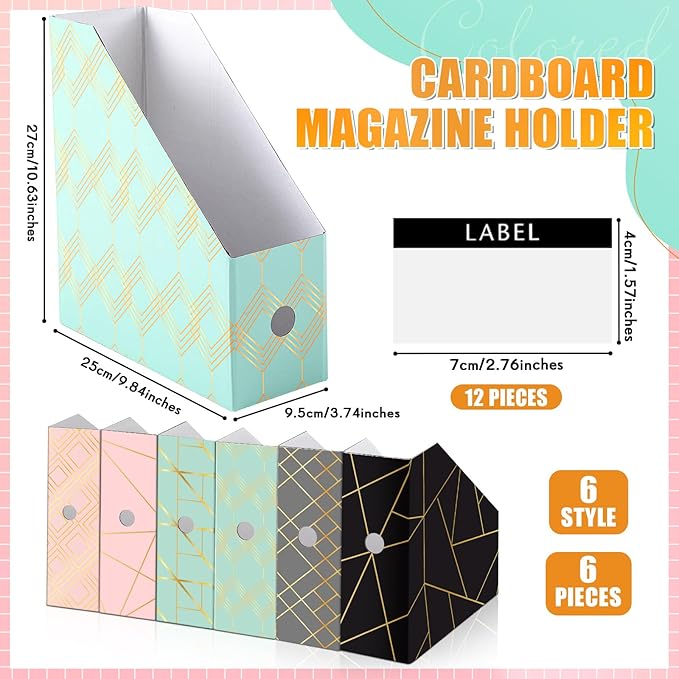 PerKoop 6 Pcs Magazine File Holder Foldable Decorative Cardboard File Folders 6 Patterns Floral Colored Magazine Rack with Printable Sticker Labels for School Office Home Desk (Geometric Lines)