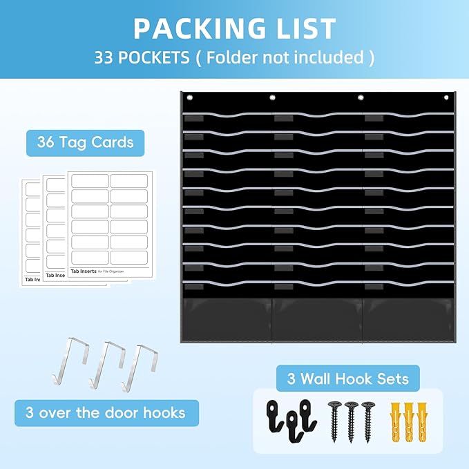 33 Pockets Hanging Wall File Organizer, Sturdy Legal/Letter Size Manila File Folders Organizer, Classroom Pocket Chart with 3 Writable Clear Pockets, 8 Wall/Door Hooks & 36 Labels (Black)