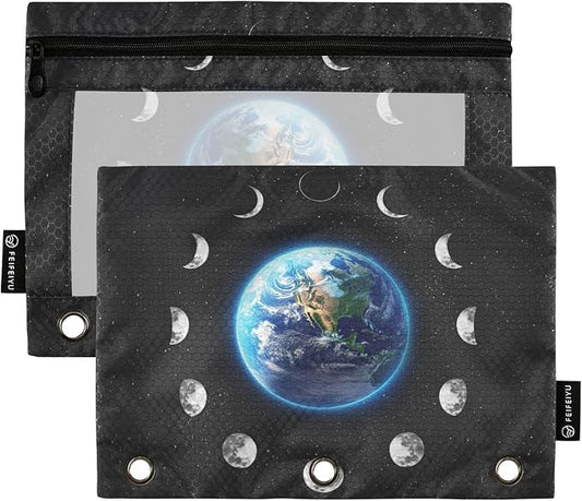 ZAZYXTJ Moon Phase Binder Pencil Pouchs 3 Ring with Zipper Clear Window Office Organizers bag for School Students Teacher Supplies 2 Pack
