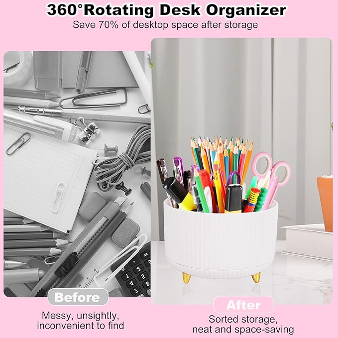White Desk Organizers and Accessories 10Pcs Set with 360-Degree Rotating Pen Holder, Tape Dispenser, Stapler, Staple Remover, 1000 Staples, Tape, Clips Set, Ruler, Scissor, Pen (White)