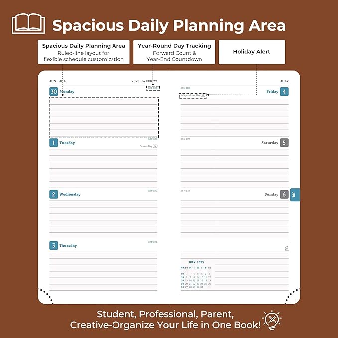 Planner 2025-2026 Daily Weekly and Monthly,6.5"x3.75",18 Months Spiral Bound Calendar Agenda with Self-adhesive Pen Holder,2026 Academic Plan with Vegan Leather Soft Cover,Brown