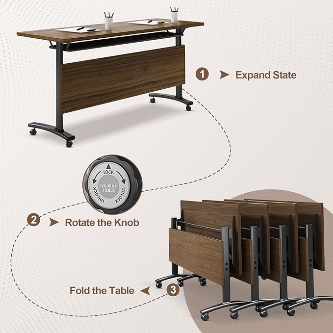Folding Conference Room Table, Modern Conference Tables with Wheels, Large Rectangular Mobile Training Tables for Office Classroom, Foldable Modular Boardroom Seminar Table Walnut (2pack L47.2in)