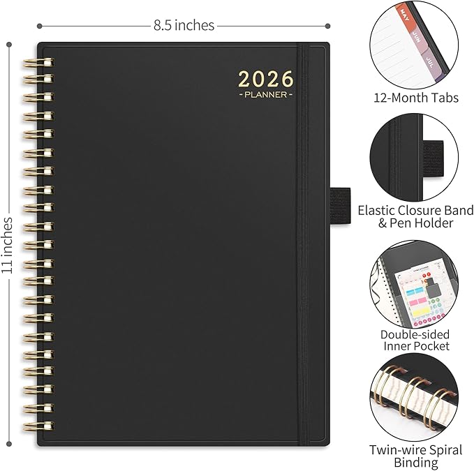 RETTACY 2026 Planner, Weekly and Monthly, Large Size (8.5" x 11"), Jan - Dec 2026, Agenda, Calendar, 12 Month Tabs, Flexible Plastic Cover, 100 GSM Thick Paper, Spiral-bound (Black)