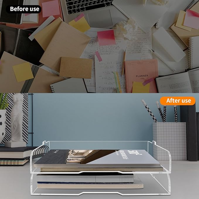 2 Pack- Stackable Paper Letter Tray,Clear Acrylic Magazine Holder and File Organizer - Sleek Desk Organizer for Home Office, Bookshelf, or Workspace - Space-Saving Transparent Document Holder
