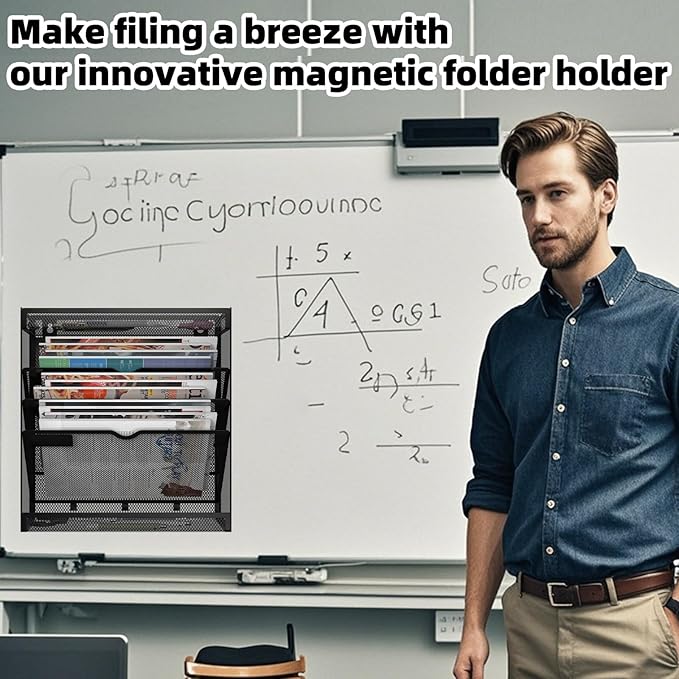 5 Tier Magnetic File Holder, No Drilling Wall File Organizer, Magazine Paper Mail Document Holder/Magnetic Hanging File Organizer for File Cabinets,Whiteboard refrigerator,Office,Classroom(Black)