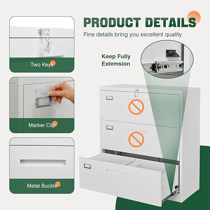 Letaya 3 Drawer File Cabinets with Lock,Metal Lateral Filing Cabinets for Home Office Organization Hanging Storage Letter/Legal/F4/A4(Assembly Required)