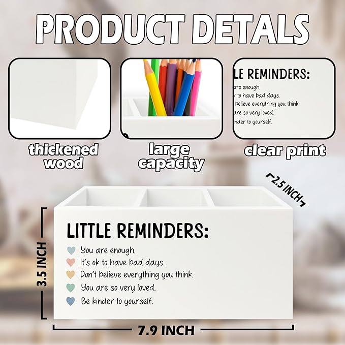 Little Reminders Inspirational Pen Pencil Holder Organizer for Desk, Positive Gifts, Mental Health Motivational Wooden Box Sign for Therapy Counselor Office Classroom Desk Tabletop Decorations
