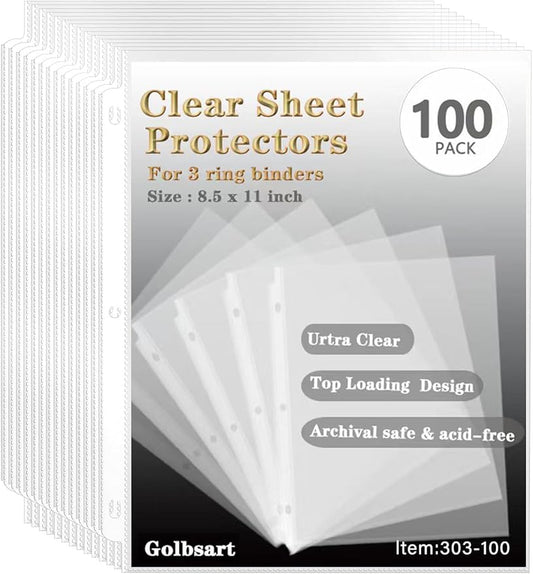 Sheet Protectors 8.5 x11 Inch, 100 Pack Page Protectors for 3 Ring Binder, Top Loading Plastic Sleeves with Reinforced 3-Hole Punch for Binders, Letter Size, for Documents and Photos, Office Supplies.