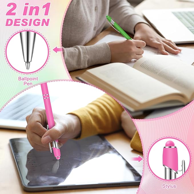 Tenare 12 Pieces 2 in 1 Stylus Metal Ballpoint Pen with Stylus Tip, 1.0 mm Black Ink Ballpoint Pen for Touch Screens (Green and Hot Pink)