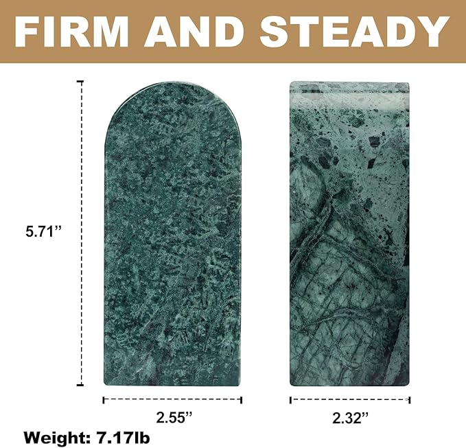 Koville Indian Natural Marble Bookends for Shelves, Decorative Book Ends, 7lbs Heavy-Duty Marble Book Holders, Bookshelf Apartment Decor for Normal Books/CD/Video Games(Indian Green)