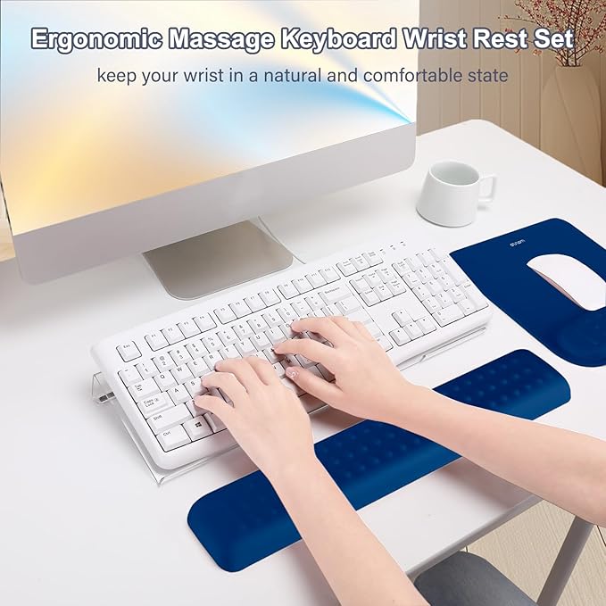 MOSISO Computer Keyboard Stand&Wrist Rest Support for Keyboard &Mouse Pad Set, Ergonomic Massage Wrist Rest Set, Easy Typing Working Acrylic Clear Stand for Office Home, Navy Blue