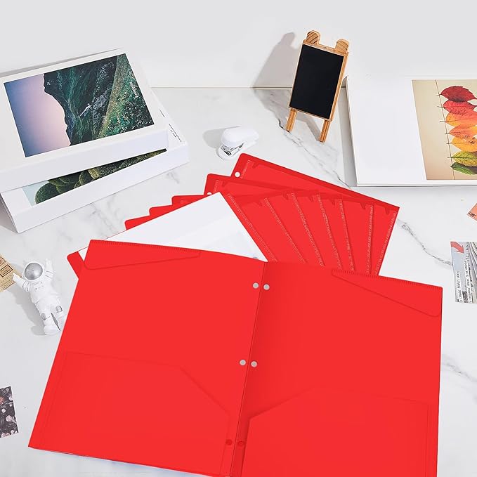 Henoyso 36 Pcs 2 Pocket Plastic Folders with Clear Front Pocket 3 Hole Punched File Folder Letter Size Take Home Documents Holder for Paper Holder Office Business Back to School Supply (Red)