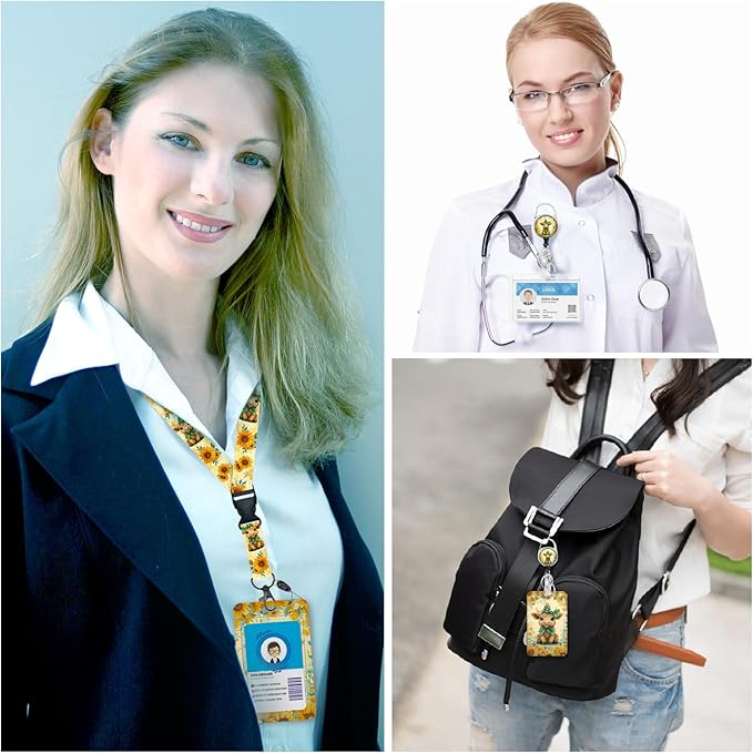 Gctriki Highland Cow Lanyards for ID Badges, Sunflower Cow id Holder with Lanyard, Cute Retractable Badge Reel Clip Keychain Name Tag Protector for Women Nurse Teacher Student Workers Office Gifts