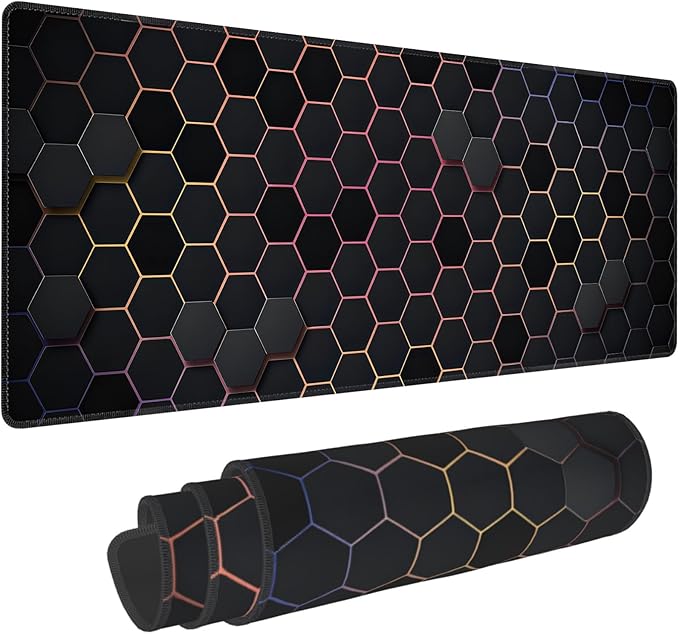 Hexagon Honeycomb Colorful Large Mouse Pad, Gaming Desk Mat, XL Extended Keyboard Desk Pad, 31.5"x11.8" Non-Slip Rubber Base Big Mousepad with Stitched Edges for Home and Office