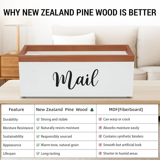 100% Real Wood Mail Organizer for Countertop, Dual-Sided Mail Script Design, Mail Holder for Office, Desk, Entryway Table, Rustic Farmhouse Style, Great Home Decor Gifts