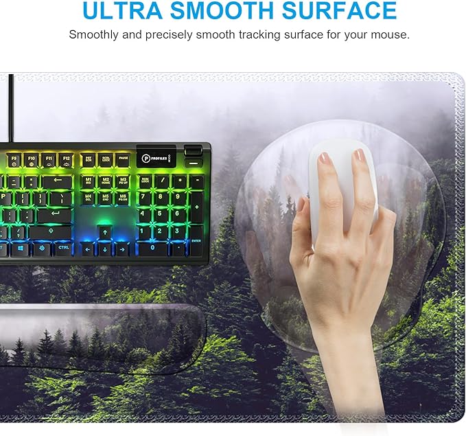 iCasso Desk Mat, Gaming Mouse Pad Wrist Support Set,4in1 XXL Large Mousepad + Keyboard Wrist Rest+Mouse Wrist Rest+Coaster Set with Ergonomic Design for Home Office Table Computer-Forest