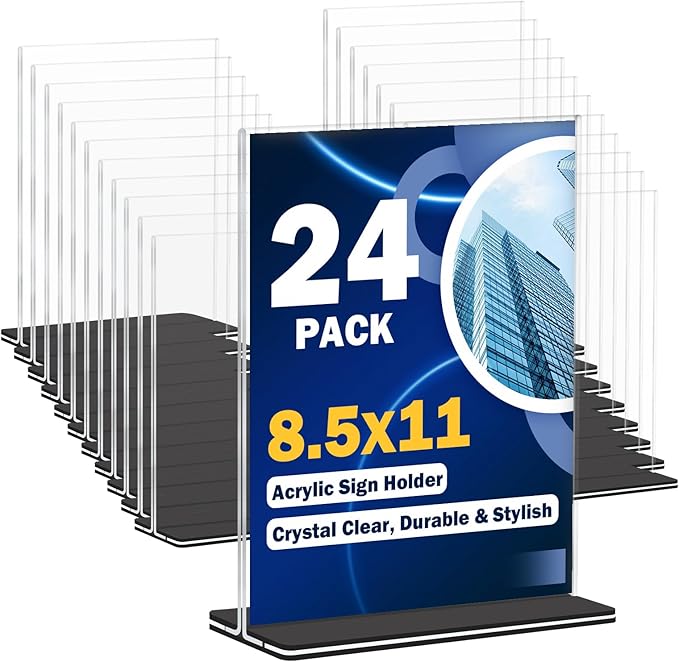 Acrylic Sign Holder 8.5 x 11, 24 Pack Clear Double-Sided Acrylic Display Stand for Vertical Tabletop Use, Perfect for Menus, Flyers, and Paper in Restaurants, Hotels, Office