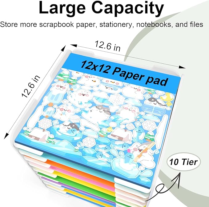 12x12 Paper Organizer, 10-Tier Scrapbook Paper Storage, Stackable Desktop File Holder for Home, Office, Classroom, and Craft Room