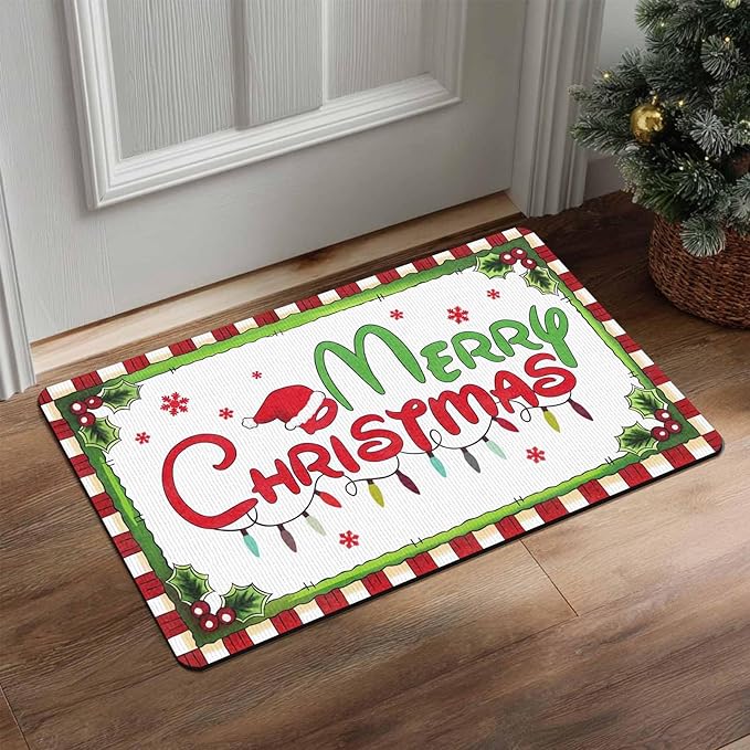 Christmas Door Mat Outdoor, Merry Christmas Plaid Hat Light Snowflakes Welcome Mats for Front Door Holiday Doormat Indoor Entryway Floor Rug for Entrance Outside Home, 18" x 30"Inch