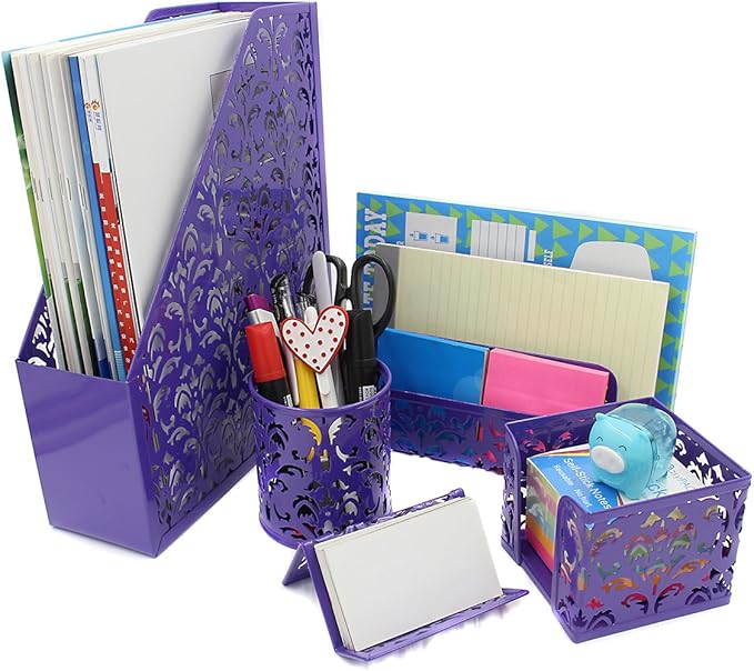 EasyPAG Desk Organizers and Accessories 5 Pieces Office Supplies Set - Vertical File Organizer, Pencil Cup for Desk, Mail Sorter Countertop, Business Card Holder and Sticky Note Holder, Purple