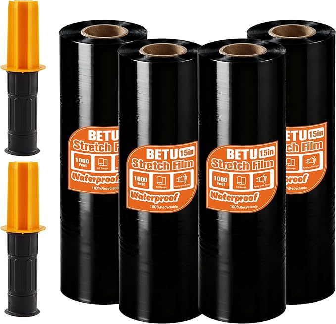 BETU Plastic Wrap Stretch Film for Moving Supplies 15inch X 1000ft, Shrink Wrap Stretch Roll Industrial for Furniture Wrapping Shipping Pallet Moving Boxes Storage with Handles, 4 Pack, Black