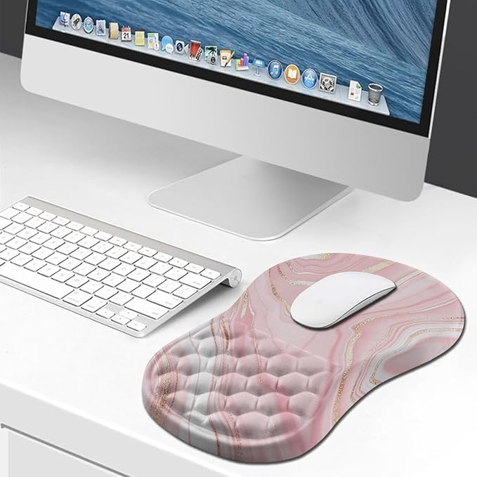Hokafenle Ergonomic Mouse Pad Wrist Support, Wrist Rest Mousepad for Carpal Tunnel Pain Relief with Integrated Memory Foam Slope Massage Bulge (11.8x7.9 inch,Pink Fluid