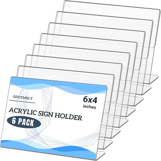 Slanted Back Acrylic Sign Holder,6 x 4 Clear Plastic Sign Holder,Paper Display Table Stand,Acrylic Stands for Display Frame,Flyer Holders for Office,Store,Restaurant- Horizontal(6 Pack)