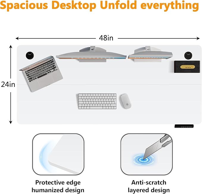 Himimi Electric Standing Desk 48 x 24 inch for Home Office,Sit-Stand Adjustable Desk with Memory Presets,Height Adjustable Desk for Gaming/Working,Free Hook, Lockable Wheels,White