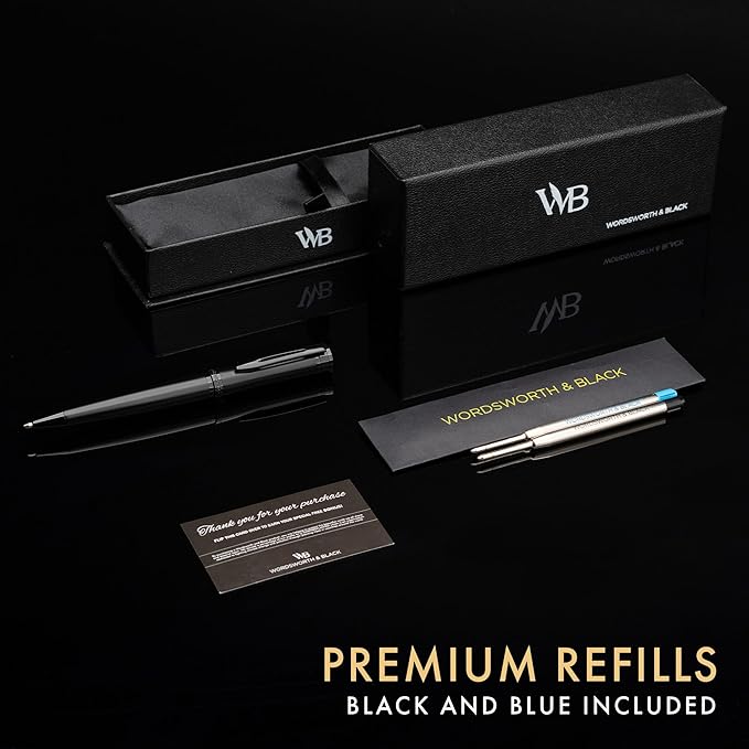 Wordsworth and Black Ballpoint Pen All Black Lacquer- Stunning Luxury Pen, Ink Refill, Best Gift Set for Men & Women, Refillable, Elegant, Nice Pens, Fine Point
