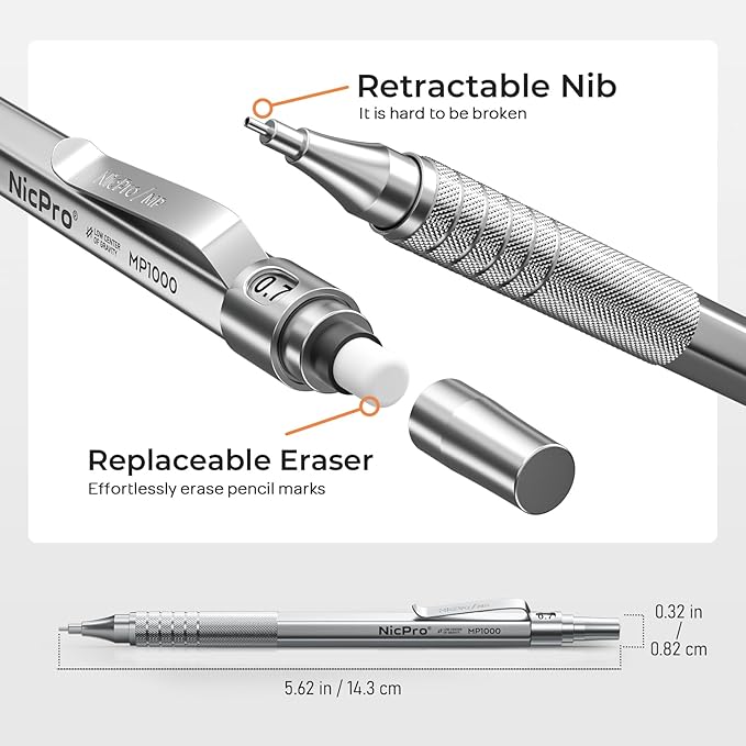 Nicpro 20PCS Metal Mechanical Pencil Set in Leather Case, Art Drafting Pencil 0.3, 0.5, 0.7, 0.9 mm & 2mm Lead Holders, 9 Tube (4B 2B HB 2H Colors) Lead Refills, Erasers For Sketching Drawing