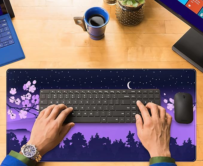 Purple Desk Mat Japanese Desk Pad Cute Fuji Mountain Gaming Mousepad Large, Cherry Blossom Mouse Pad XXL Desk Mats, Kawaii Anime Deskmats Desktop Protector Laptop Keyboard Mat Pad 31.5x15.75 in