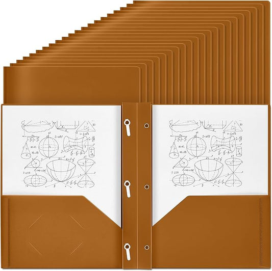 Yeaqee 30 Plastic Folders with Pockets and Prong Plastic Folders with 2 Pockets Pocket for Office, School for Students, Teachers, Office Workers (Brown)