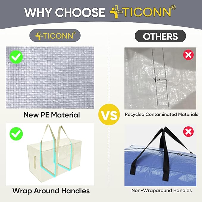 TICONN 4 Pack Extra Large Moving Bags with Zippers & Carrying Handles, Heavy-Duty Storage Tote Moving Boxes for Space Saving (4 Pack, Cream)