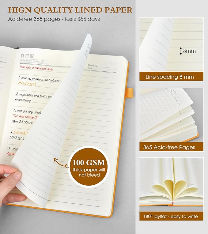 B5 Lined Journal Notebook - 365 Page Large Leather Journals for Writing Women Men，Hardcover Notebook with 100Gsm Thick Pages，Daily Diary for Travel, Work，School，College Ruled (7.6" x 10.3")