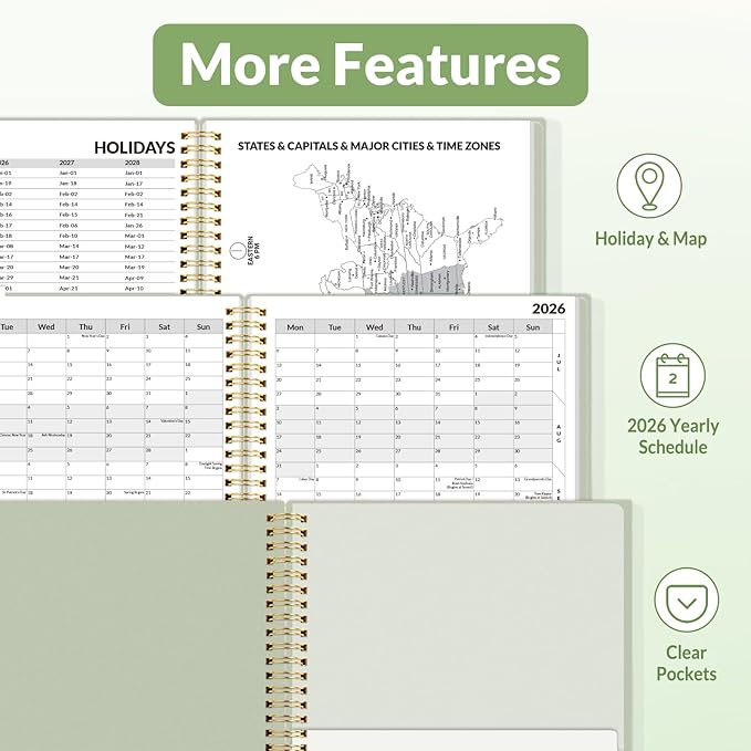 SUNEE 2026 Weekly and Monthly Planner - from January 2026 - December 2026, 6.4" x 8.3" Daily Agenda Planner with Monthly Tab, Flexible Cover, Note Pages, Pockets, Bookmark, Spiral Binding, Greenery