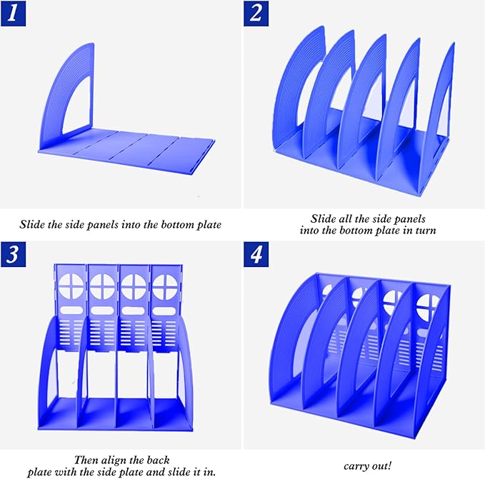 SAYEEC File Holder Storage Folder 4 Compartment Standing Desktop Hollow Organizer Blue Files Shelf Frame Thicken Plastic Paper Notebook Magazine Bookstore for Office School Supplier Students