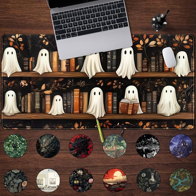 Cute Ghost Desk Mat Bookish Desk Pad XXL Mouse Keyboard Pad, Dark Academia Desk Pad Medieval Flower XXL Mousepad Extended Laptop Computer Keyboard Mat with Stitched Edges Funny Deskpad 31.5x15.7 in