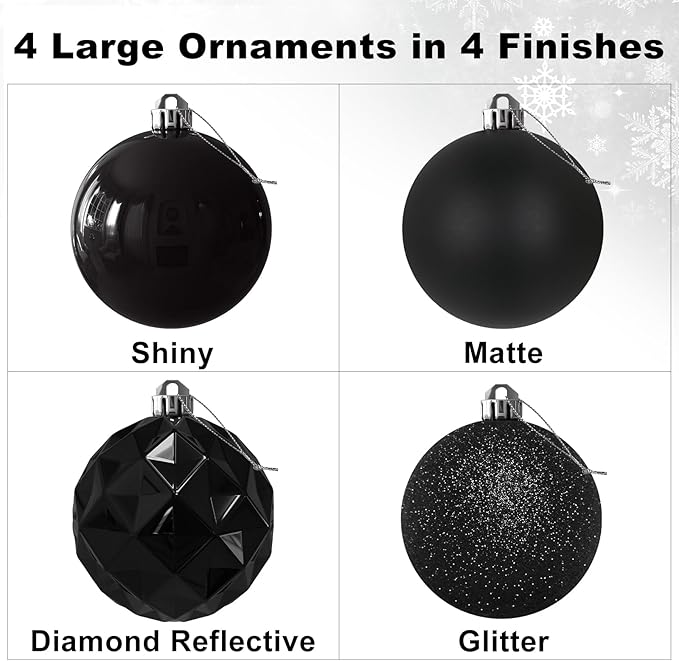 Black Set of XL (4.0") 4PCS Christmas Balls - Christmas Tree Decoration Ornaments Shatterproof Hanging Balls for New Year Easter Valentine Holiday Decorations
