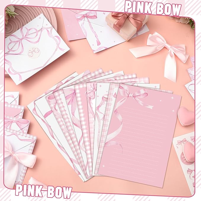 TaoBary 160 Pcs Stationery Paper Set 50 Double Sided Stationery Papers with 50 Matching Envelopes and 60 Round Dot Sticker, 10 Design(Pink Bow,5.5 x 8.25 Inch)