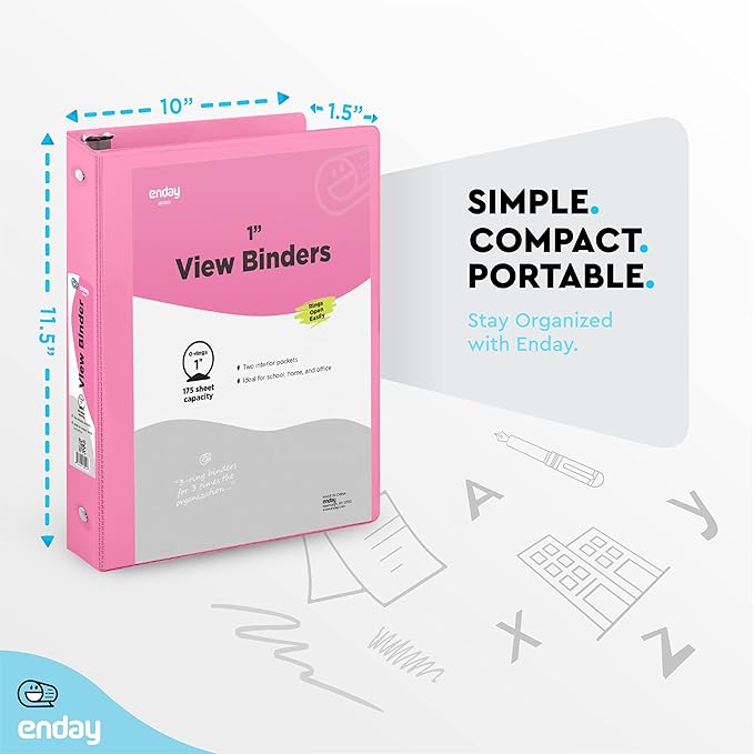 3 Ring Binder Pink, 1 Inch, 1” Clear View Cover with 2 Inside Pockets Round Ring Binder, Colored School Supplies Binders, Also Available in Grey, Blue, Purple, Green, and Red (6 PC) – by Enday