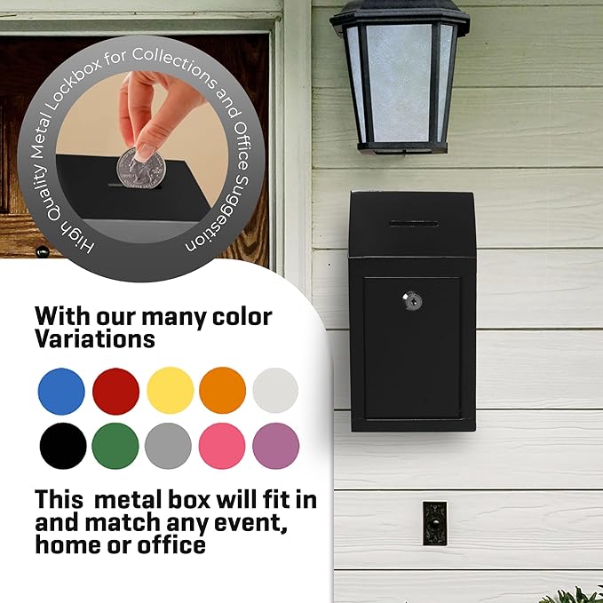 Metal Donation Box-Suggestion Box with Slot and lock-Cash Lock box for Money-Secure Drop Box-Comment and ballot voting box-comes with pre-drilled holes for easy wall mounting 10 X 6 X 2.5"(Black)